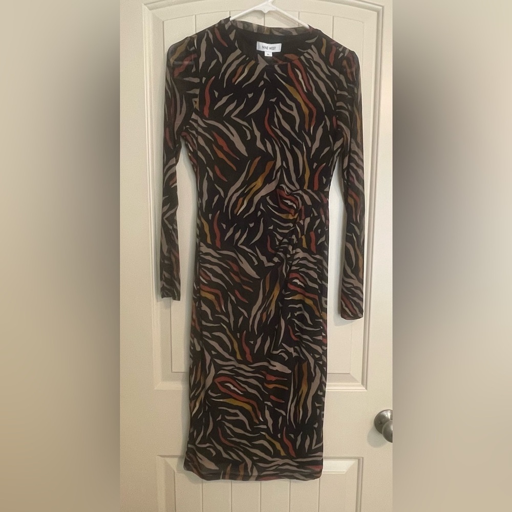 Nine West Brown and Tan Long Sleeve Bodycon Dress